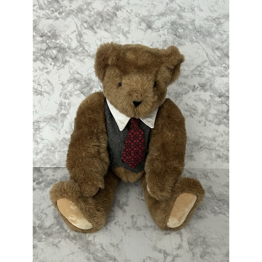 The Vermont Teddy Bear Company Brown Bear Jointed Plush Vest And Tie Vintage 16"